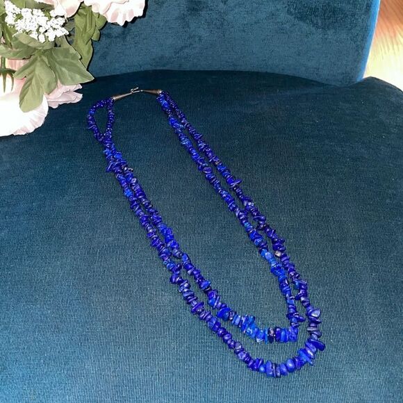 Native American Double Strand Lapis with Stamped Sterling Clasp - Picture 1 of 9
